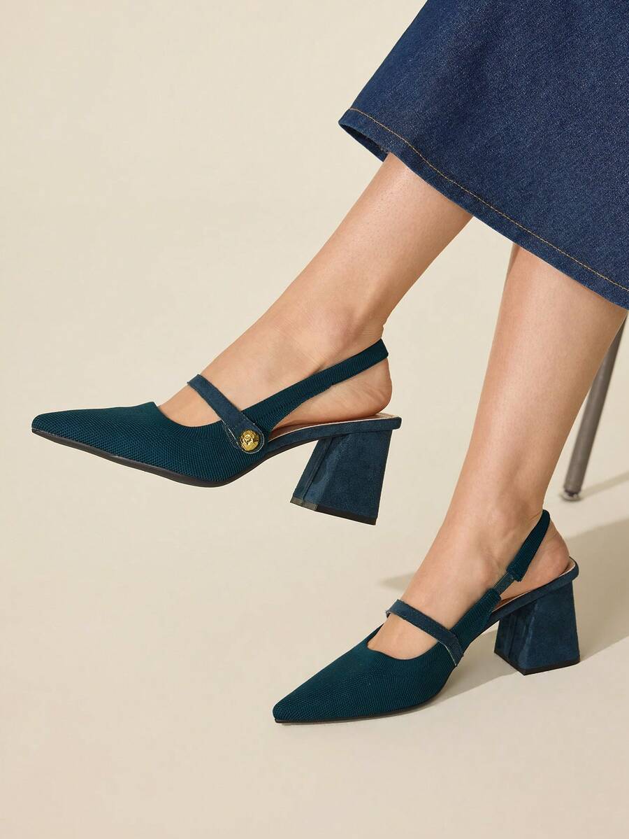 CUCCOO BASICS Women's Fashion Fabric Back Strap Chunky Heel Pointed Toe PU Leather Casual Slingback Pumps, Suitable For Commuting, Date, Party, Vacation For Christmas Spring Shoes - Dark Green - View 1