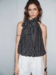 Lumivelle Women's Fashion Party/Graduation Tie-Up Bow Polka Dot Print Camisole Black And White Polka Dot Top Polkadot Top Polka Dot Outfit Women - Black - View 5