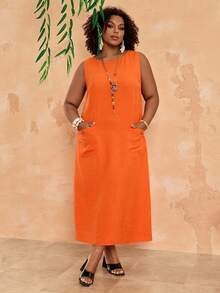 EMERY ROSE Plus Size Women Bright Orange Sleeveless Maxi Dress, Casual Vacation,Spring Outfit Women,Summer Dresses For Women ,Beach Outfits For Women,Casual Dress For Women,Holiday Outfits For Women,Country Outfits For Women,Yellow Dresses For Women Women Casual Dresses Women's Summer Dresses Plus Size Summer Dresses With Pockets Casual Dresses For Women Summer - Coral Orange - View 4
