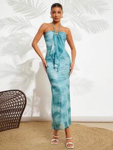 Amorya Light Blue And White,Summer,Casual,Vacation,Holiday Knitted Mesh Fabric Gradient Slim Fit Hanging Neck Metal Buckle Decoration Fish Tail Long Dress - Multicolor - View 2