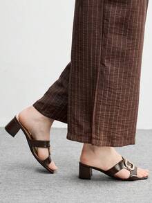 CUCCOO BIZCHIC Damen Sandalen mit Metallschnalle, einfarbig, klassischer Stil, geeignet für Büro und Pendeln, Sommer, quadratische Zehenkappe, Absatz dick - dunkelbraun - Übersicht 3