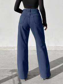 EURMUSE 100%Cotton Solid Wide Leg Jeans - Blue - View 2