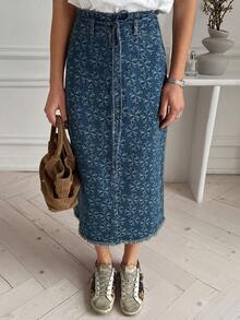 Livesso Spring & Summer Floral Print Cinched Waist Wrap Skirt, Elegant Casual Commuter Denim Skirt With High Slit And Fringe Hem - Dark Wash - View 5