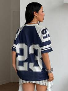 Coolane 女士春夏街头风 Y2K 豹纹数字图案足球球衣 V 领粉色 T 恤 - 彩色 - 查看 5