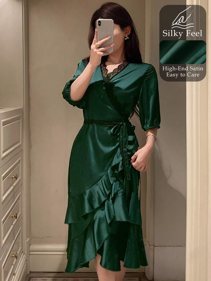 DAZY 女士蕾丝打结荷叶边下摆休闲家居服睡袍 - 粉色 - 查看 1