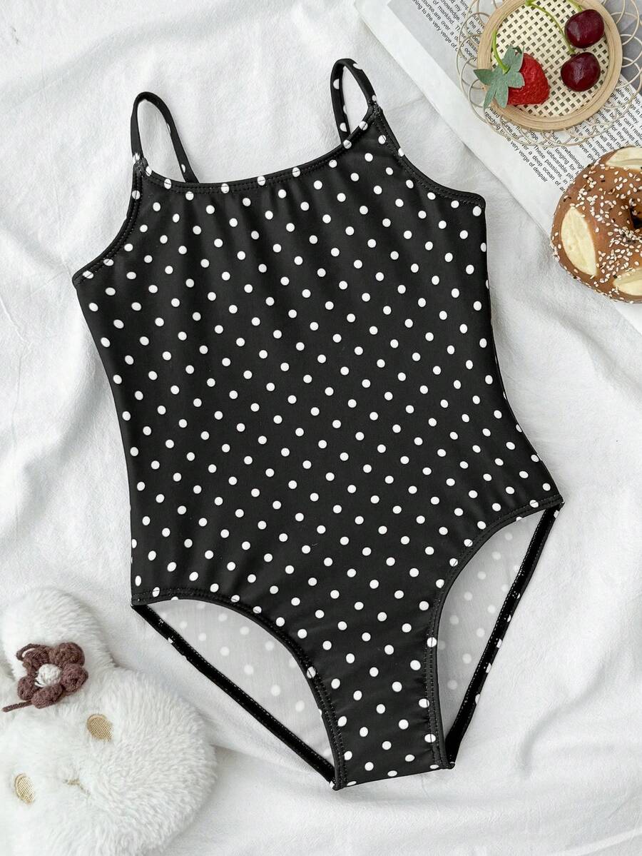 SHEIN 女童波点针织休闲连体泳衣,可爱连体泳衣,黑色女童波点泳衣,可爱泳装,时尚优雅休闲,适合游泳、度假、夏季穿着,女童夏季套装,女童泳衣套装,连体泳衣,泳衣套装 - 黑與白 - 查看 1
