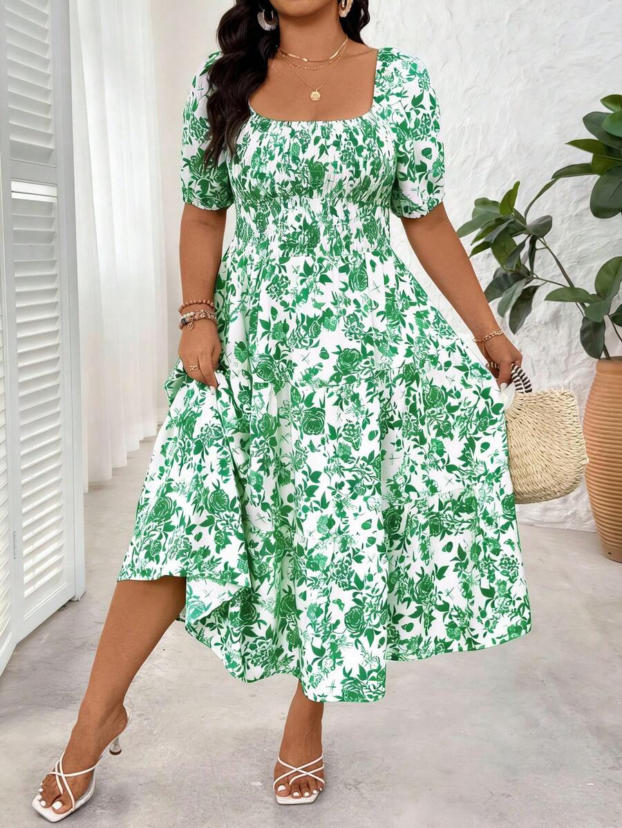 Breezaya 大码女式方领休闲度假夏季连衣裙 - 綠色 - 查看 1