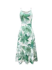 SHEIN Holidaya 女士树叶印花休闲度假约会之夜迷你吊带裙 - 綠色 - 查看 3