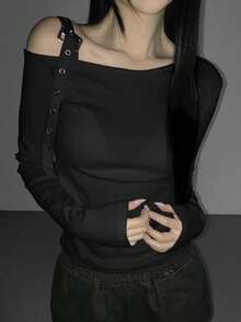 DAZY Women's Sexy Asymmetrical Shoulder Long Sleeve T-Shirt, Versatile Slim Fit Buckle Decor Tee - Black - View 3