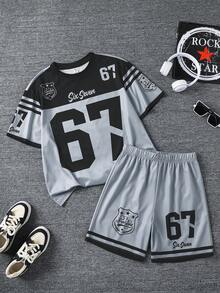 SHEIN 2件套青少年男童休闲经典酷炫棒球运动风套装，67号，星形印花短袖圆领T恤和短裤套装，适合春夏季节日常穿着、运动、郊游、上学、聚会、节日、拍照等场合。 - 彩色 - 查看 4