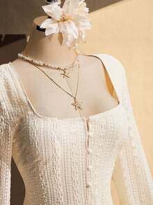 SHEIN ICON Đầm chữ A dáng ôm eo cổ vuông gợi cảm phong cách Y2K, phong cách Boho, thích hợp cho kỳ nghỉ, mùa xuân và mùa thu. - Màu be - Xem 8