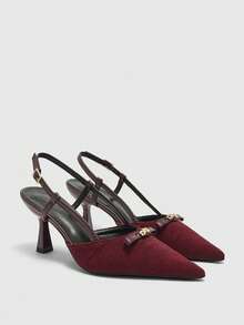 CUCCOO BIZCHIC Elegant Women's Pointed Toe Mid-Heel Pumps, Backless Design, Metal Embellishment, Textured Vamp, Commuting Shoes - Red - View 7