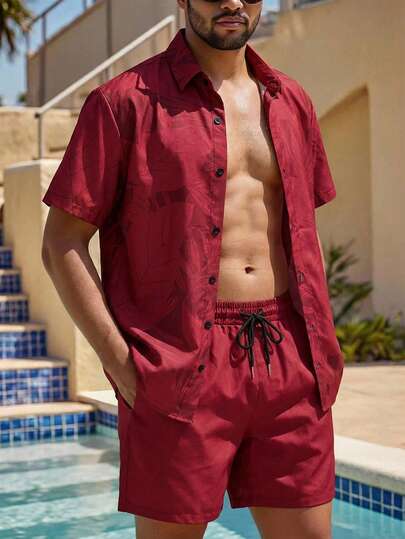 Manfinity Swimmode Men's Single-Breasted Short Sleeve Top And Drawstring Waist Pocket Shorts Beach Outfit Mens 2 Piece Summer Sets Mens Summer Holiday Clothes Men Beach Outfit Set