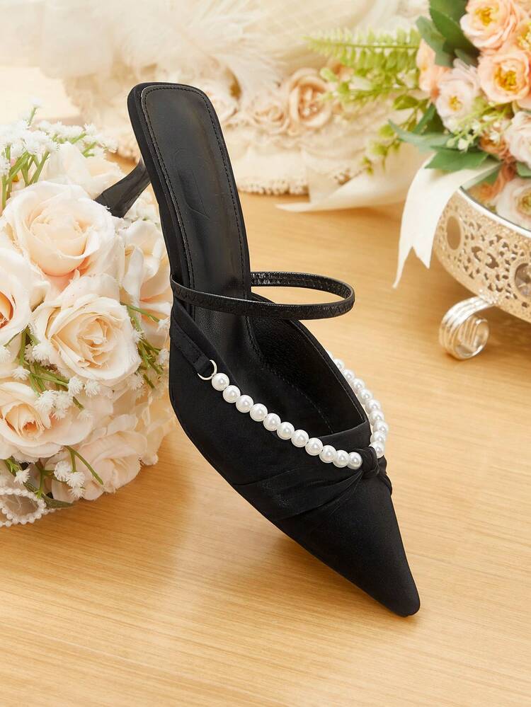 CUCCOO HITCHD Black Elastic French Pearl Satin High-Heeled Sandals, French Elegance + Casual And Exquisite, Satin Pearl Decoration, Suitable For Women Who Pursue Exquisite Sense, Commuting Suit Pants, Dating With Floral Skirts, Vacation Shorts Are Suitable, Is A Versatile Model For Daily/Light Formal Settings Wedding Shoes Summer Shoes Bride Shoes