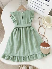 SHEIN Playful Pals 女童舒适休闲荷叶边雪纺连衣裙，配有腰带，适合夏季外出、拍照、日常穿着和上学穿着。 - 淺綠色 - 查看 2