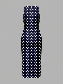 SHEIN EZwear Casual Sexy Fitted Knit Bodycon Dress, Suitable For Summer Vacation Beach Style, Blue & White Polka Dot Beach Outfit - Blue and White - View 2