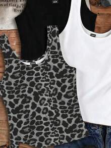 SHEIN EZwear 3pcs Pack Casual Solid Color & Leopard Print Camisole Tops, Suitable For Summer,Summer Top - Multicolor - View 4