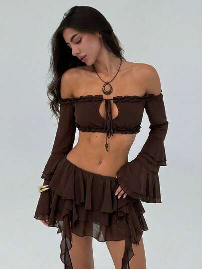 Aloruh Women's Off-Shoulder Ruffle Trim Long Sleeve Beaded Tie-Up Cropped Shirt, Bohemian Brown Blouse Beach Skirt Set Sexy Skirt Set