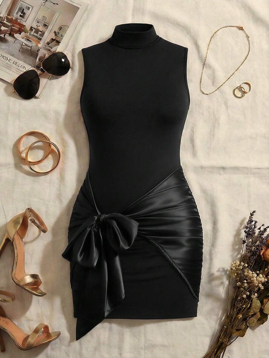 SHEIN Clasi Đầm không tay màu trơn cỡ lớn dành cho nữ, phối dây buộc phía trước bằng satin bóng, kiểu dáng thanh lịch. - màu đen - Xem 1