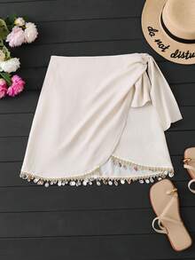 GlowEve CURVE Plus Size Women's Summer Casual Beach Holiday Shell Tassel Patchwork Asymmetrical Hem Tie-Up Textured Short Skirt, Apricot - Apricot - View 1