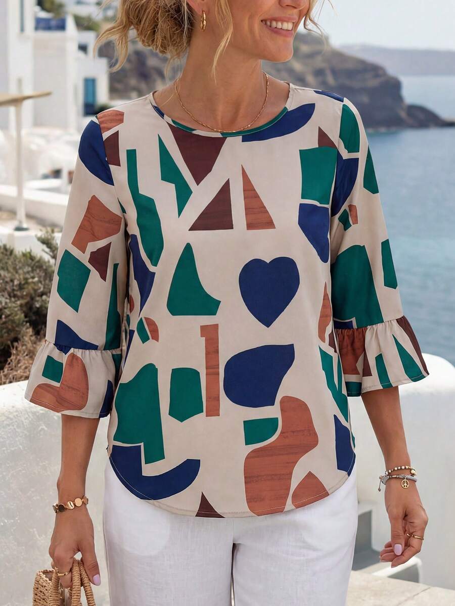 Faunlyn Women's Casual Geometric Heart Print Round Neck Flared Sleeve Loose Blouse, Daily Wear - Multicolor - View 1