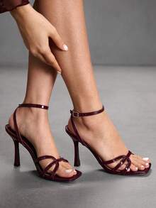 CUCCOO SZL Women's Square Toe Rhinestone Ankle Strap Sandals For Christmas Prom Heels Summer Shoes - Burgundy - View 9
