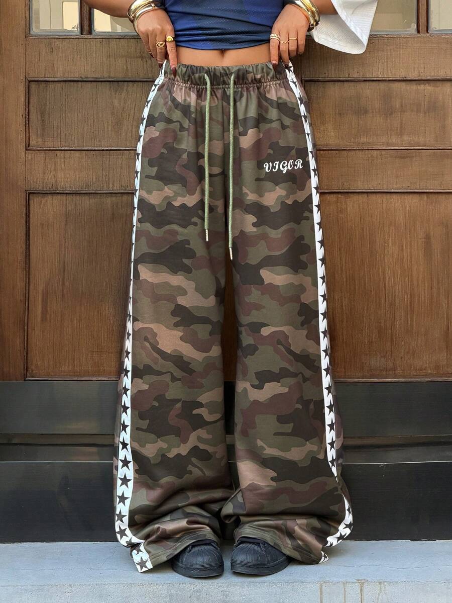 Muchica Damen Lässig Mode Street Camouflage Stern Muster Kordelzug Taille Gerade Bein Hose - Verschiedenfarbig - Übersicht 1