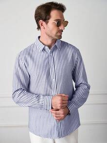 Core Aspect Cămașă bărbătească cu dungi, casual, business, mânecă lungă, cămașă cu guler albastru, cămașă de costum formal, cămașă albă bărbătească, versatilă pentru purtare zilnică, cămașă bărbătească albastră și albă, cămașă business casual de vară, cămașă cu dungi bărbătească, smart casual, cămașă bărbătească din amestec de in, cu dungi albastre și albe, cămașă casual cu dungi, top vintage slim fit pentru ieșiri zilnice/ Cămașă bărbătească cu dungi albastre și albe, ținută streetwear supradimensionată cu mânecă lungă pentru escapade de weekend - Albastru - Vizualizare 5