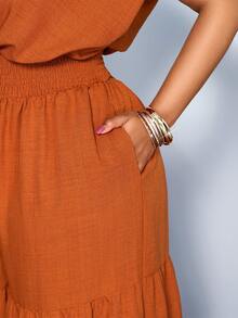 SOLERSUN Burnt Orange Plus Size Women's Summer Elegant Vacation Jumpsuit,Cotton Linen Blend V-Neck Sleeveless Ruched Cinched Waist Pocket Paneled Outfits - Rust Brown - View 7