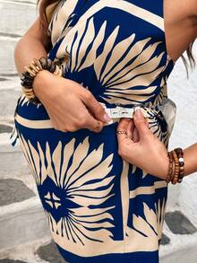 SHEIN 两件套孕妇度假几何印花系带露背上衣和短裤套装 - 藍色 - 查看 6