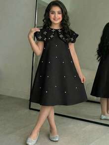 Tween Girl Spring/Summer Elegant Rhinestone Square Neck A-Line Dress, Suitable For Wedding Season Flower Girl Dress, Black Tween Girl - Black - View 1