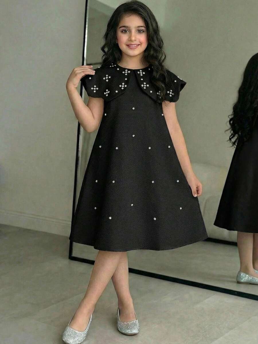 Tween Girl Spring/Summer Elegant Rhinestone Square Neck A-Line Dress, Suitable For Wedding Season Flower Girl Dress, Black Tween Girl - Black - View 1