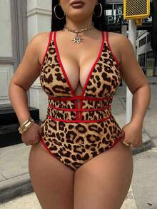 Swim SXY Plus Size Women's Leopard Print Deep V-Neck Sexy Beach Vacation One-Piece Swimsuit - Multicolor - View 4