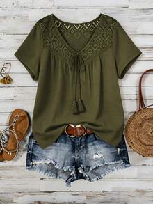 EMERY ROSE 大码女式夏季休闲度假乡村春季拼接纯色军绿色短袖宽松蕾丝拼接T恤上衣/夏季假期、春假、度假、外出、2026新款、简约时尚日常穿着、休闲度假波西米亚风上衣、橄榄绿上衣、绿色夏季上衣、波西米亚风上衣、军绿色上衣，适合夏季、度假、通勤、日常穿着的休闲上衣，女士夏季波西米亚风上衣，夏季上衣 - 軍綠色 - 查看 1