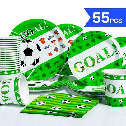 Green And White Football Stripe Disposable Party Supplies Set, Suitable For 10 Guests, Disposable Paper Tray Party Tableware Suitable For Birthdays, Weddings, Themed Parties, Family Picnics