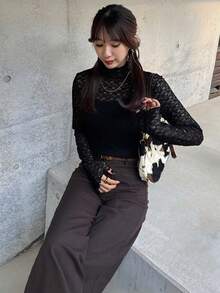 Women's Mesh Turtleneck Sheer Top, Layering Piece For Autumn - Black - View 5