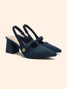 CUCCOO BASICS Women's Fashion Fabric Back Strap Chunky Heel Pointed Toe PU Leather Casual Slingback Pumps, Suitable For Commuting, Date, Party, Vacation For Christmas Spring Shoes - Dark Green - View 5