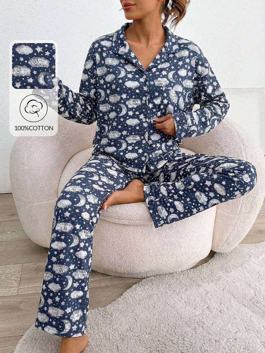 SHEIN Cottnline 2Pcs Cotton Button Front Plaid Pattern PJ Set - Multicolor - View 1