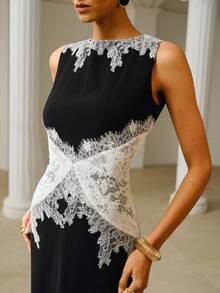 ZEYLAH Vestido ajustado con contraste de encaje en blanco y negro, elegante para /verano - Blanco y Negro - Ver 2