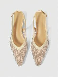 Sleekvia Women Shoes Spring And Summer New Mesh Rhinestone Decoration Pointed Toe Low Heel Back Buckle Design Apricot Women's Sandals Elegant Fashion Commuter Date Wear - Apricot - View 3
