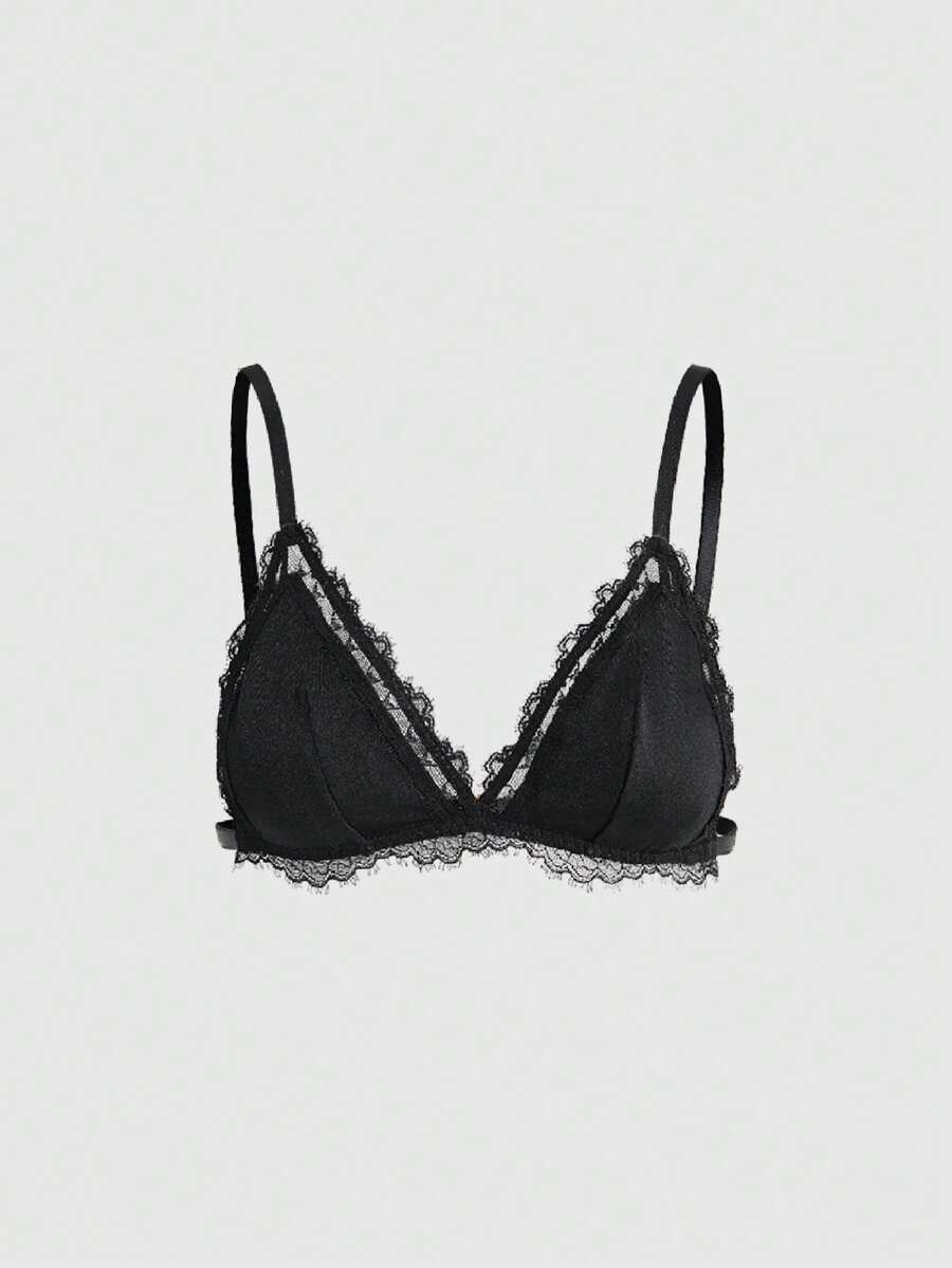 ROMWE 1pc Gothic Lace Patchwork Smooth Bra For Women - Black - View 1