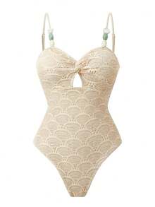 Swim Oasis Ensemble de maillot de bain élégant et minimaliste pour femme, en tissu texturé à motif ajouré et perles bicolores. Série 26SS, style plage, fête et villégiature, une pièce. - Beige - Voir 4