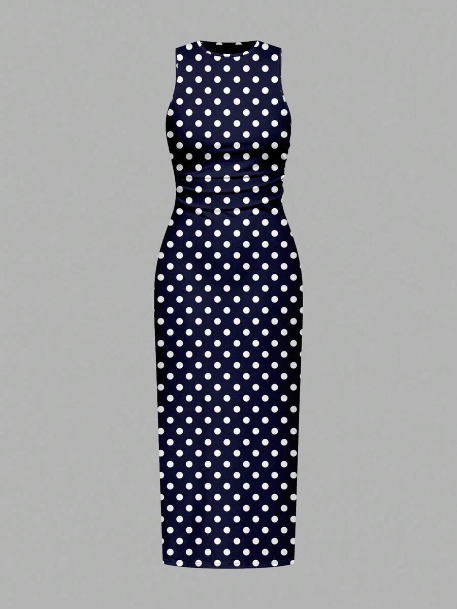 SHEIN EZwear Casual Sexy Fitted Knit Bodycon Dress, Suitable For Summer Vacation Beach Style, Blue & White Polka Dot Beach Outfit - Blue and White - View 1