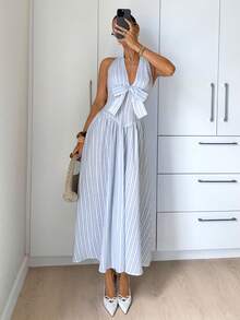 Siren Gaze Women's Elegant Casual Blue White Vertical Striped Deep V-Neck Halter Neck Bow Front Tie Back Backless Smocked Waist Flowy A-Line Maxi Dress, Summer Beach Vacation Holiday Party Wedding Guest Casual Outfit - Blue and White - View 5