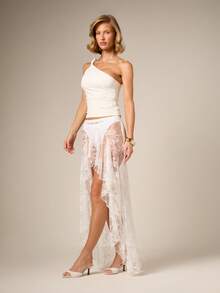 AiiRZ Falda larga asimétrica de encaje blanco con volantes, estilo bohemio y elegante, transparente, para cubrir sobre el traje de baño, ideal para el verano y festivales - Blanco - Ver 2