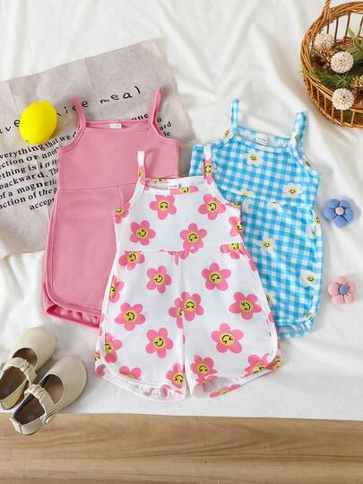 SHEIN paquete de 3 peleles para bebé niña recién nacida, en blanco, rosa y estampado floral de rayas de colores, sin mangas, cómodos y casuales para uso diario, versátiles y lindos, aptos para todas las ocasiones