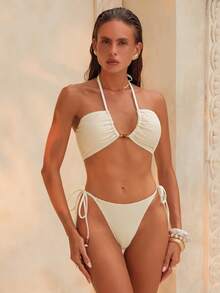 Swim Chiccia New Pleated Bandeau Bikini Set, Beaded Decor Tie-Up Two Pieces Swimsuit Bikini Set For Women Bathing Suits For Women Summer Beach Wear Bikini Bikinis For Women Padded Swimwear For Women - Apricot - View 6