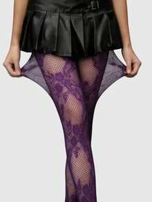 ROMWE Goth Quần tất lưới xuyên thấu họa tiết hoa, co giãn cao, gợi cảm, phù hợp cho nữ mặc hàng ngày. - Màu tím - Xem 2