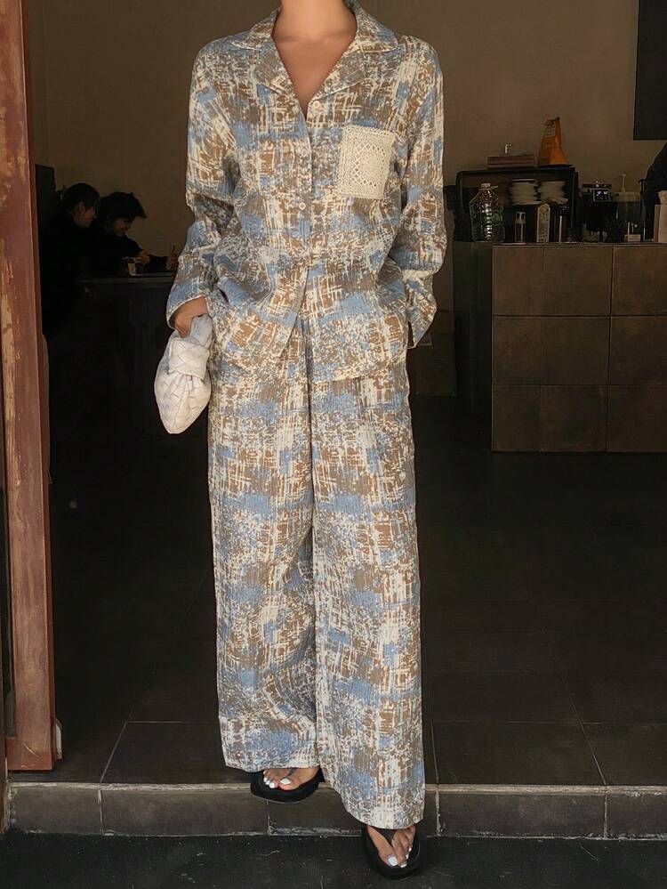 2pcs/Set Women Pattern Allover Print Long Sleeve Pajama Set, Spring
