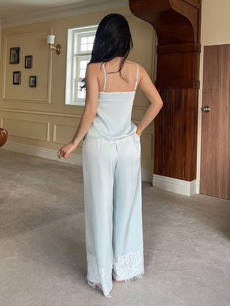 Women's Elegant Lace Patchwork Camisole & Long Pants Sleepwear Set, Summer